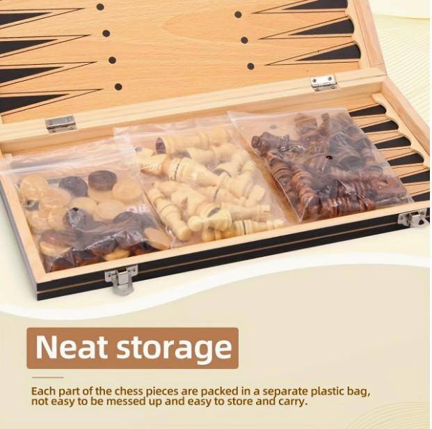 3 in 1 Wood Chess Board with Wood Game Pieces