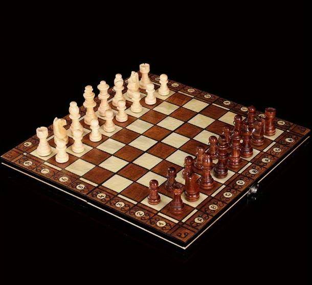 3 in 1 Wood Chess Board with Wood Game Pieces