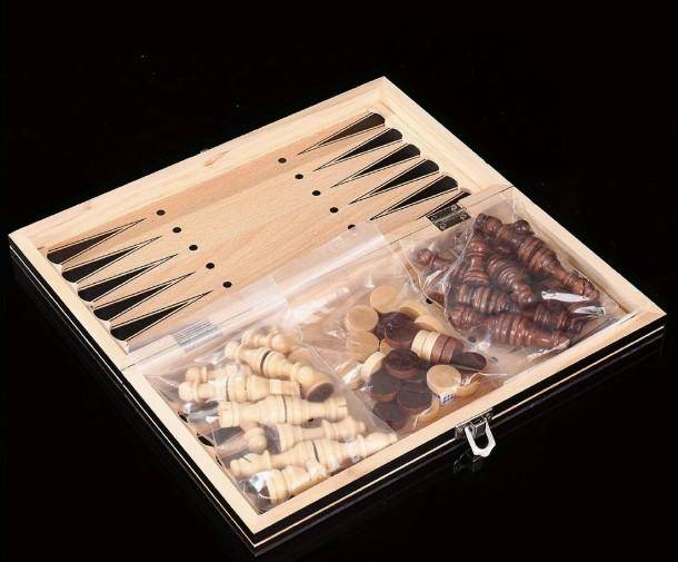 3 in 1 Wood Chess Board with Wood Game Pieces