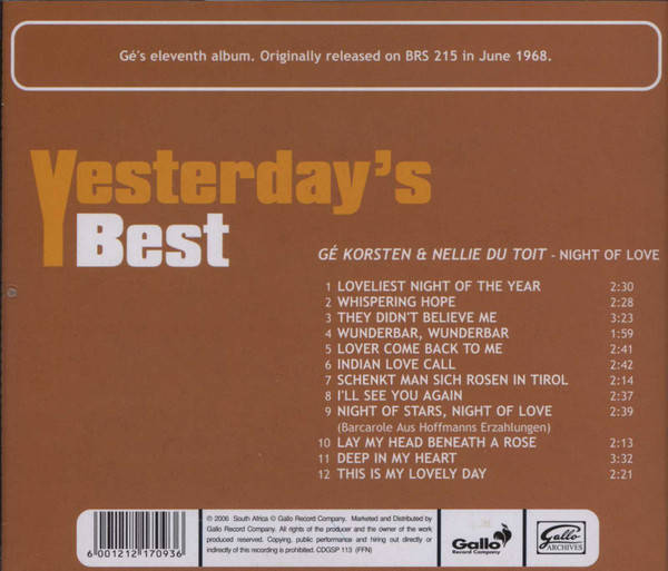 Gé Korsten & Nellie du Toit - Night of Love CD Rare