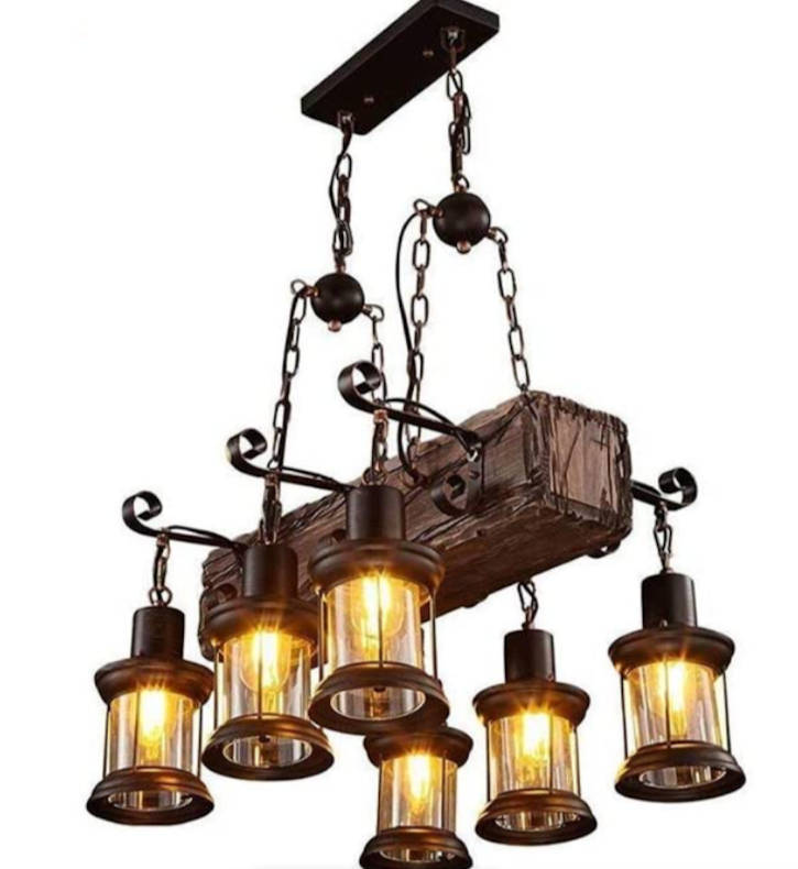 Vintage 6 Lamp Wooden Pendant Ceiling Light - CD64