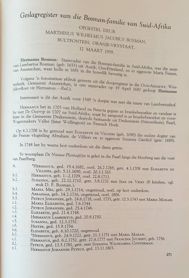 Die Bosmans van Suid Afrika 1707 - 1965