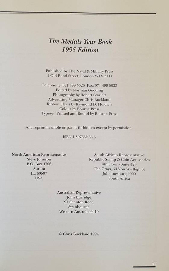 The Medals Year Book  A-Z of Medals, fully illustrated price guide (1995) Includes S.A.