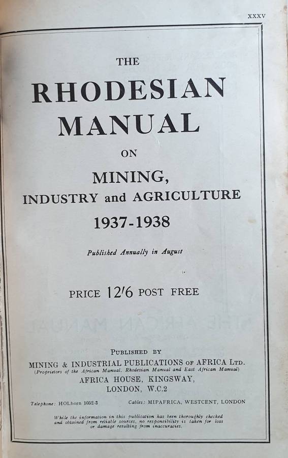 Rhodesian Manual, Mining, Industry, Agriculture, 1937-8
