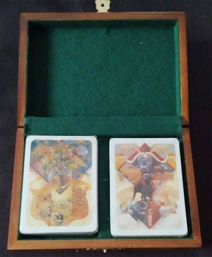 2 Unopened Packs of Wildlife Playing Cards in Wooden Box with Felt Interior