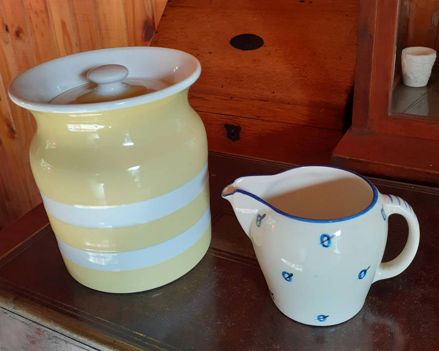 T G Green Cornishware Yellow and White  Jar AND Susie Cooper Jug