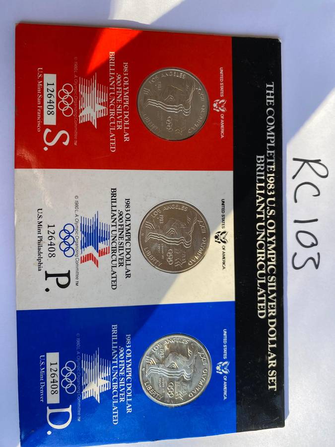 3 COINS - SILVER - 1983 Brilliant UNC - First Olympic games USA 1 dollar coins - One bid for all