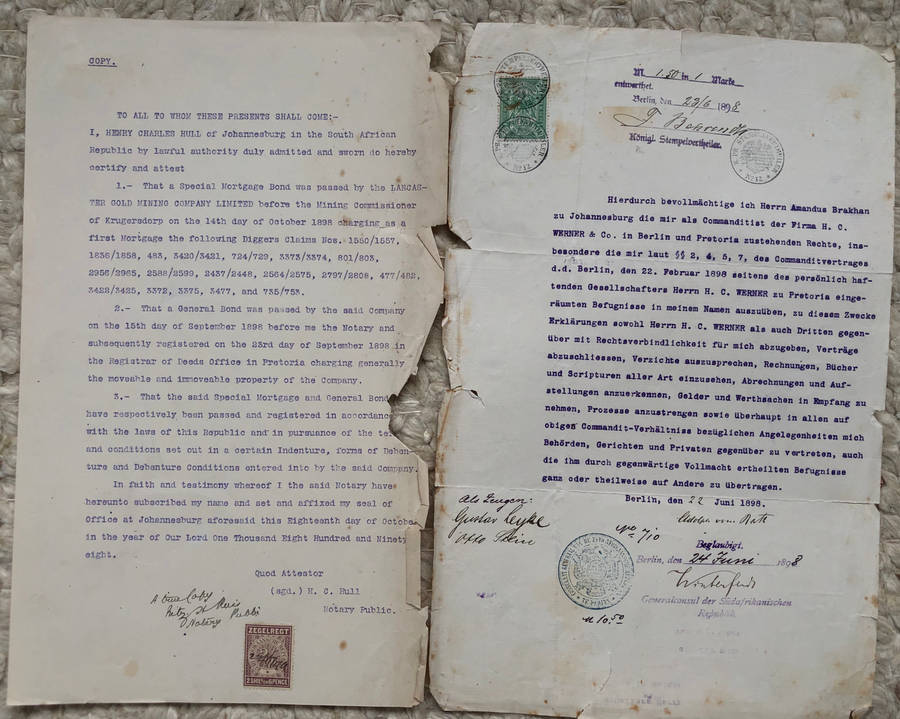 STAMP ZAR ZEGELREGT 1899 2/6d & 1898 PRUSSIAN 1 1/2M STEMPELMARK STAMP ON ORIGINAL DOCUMENTS