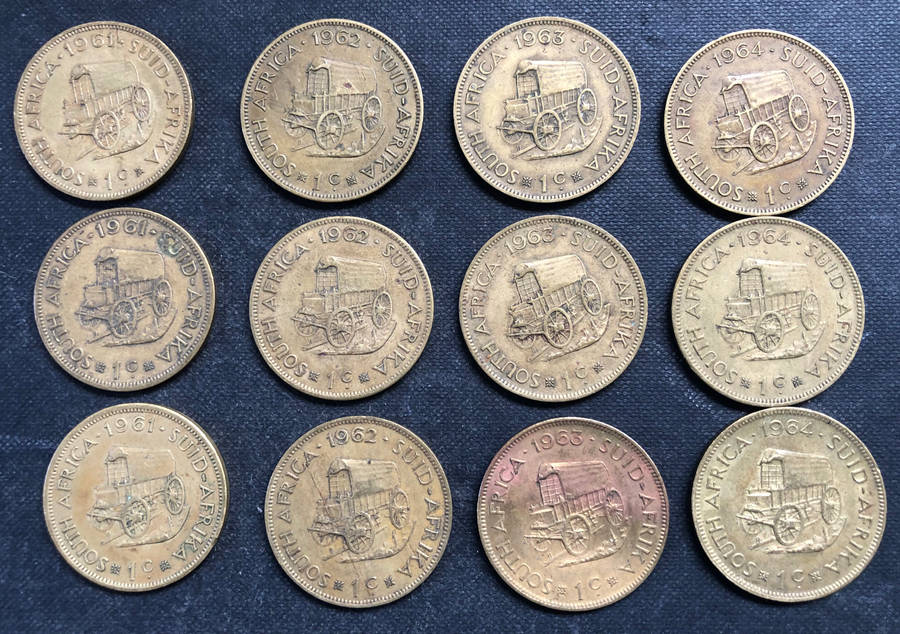 ONE CENTS SOUTH AFRICAN COLLECTION 12 COINS  COMPRISING 1961 x 3, 1962 x 3, 1963 x 3 AND 1964 x 3