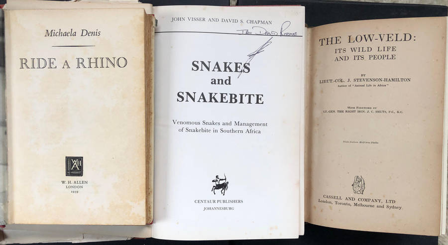Snakes and Snakebite by Chapman The Low-Veld by Stevenson Hamilton Ride a Rhino by Denis 3 Books