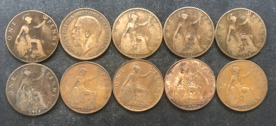 PENNY BRITISH 1912, 1916, 1917 x 2, 1918, 1919, 1920 x 2, & 1921 x 2 GEORGE V COLLECTION OF TEN
