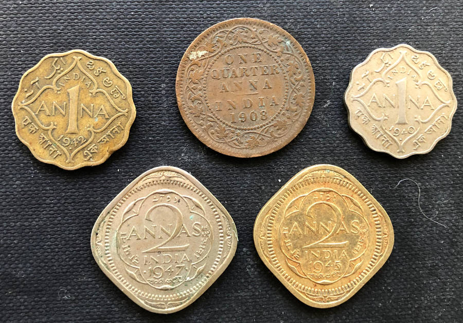 INDIA 1908 1940 1942 1945 1947 1 Cent 1 & 2 Anna Collection of 5 Coins