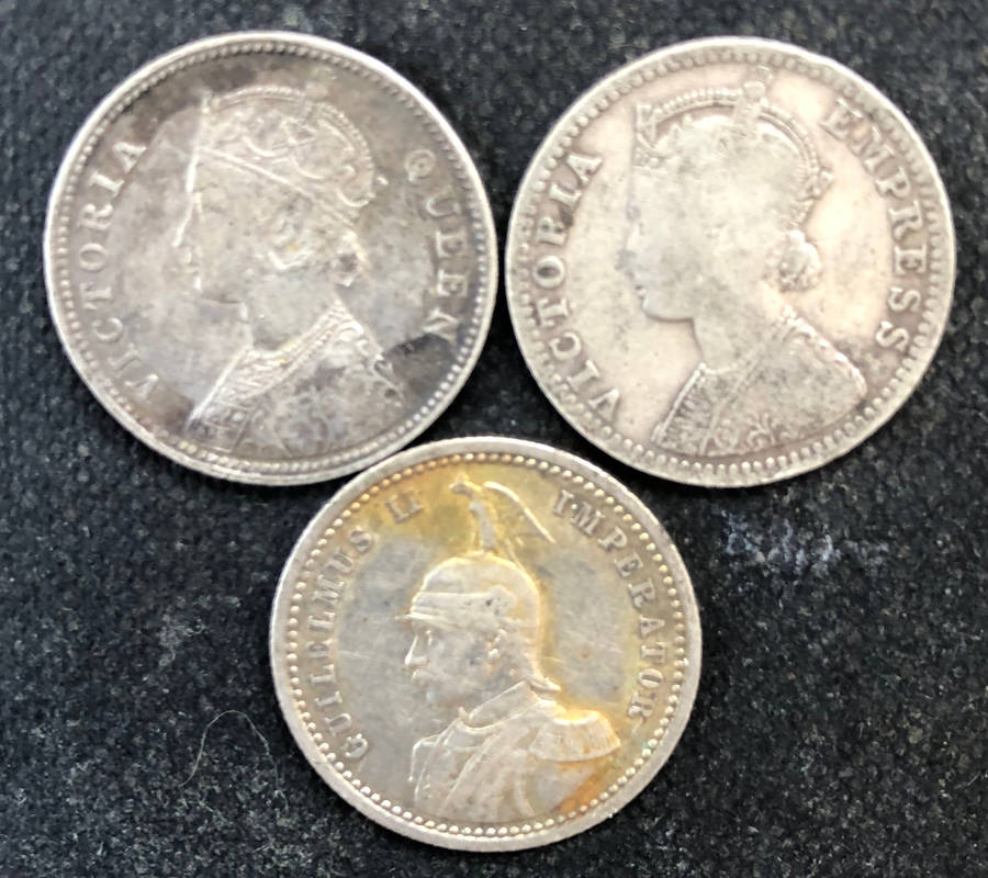 COIN SILVER INDIA 1862 1891 1909 COLLECTION OF THREE 1/4 RUPEE COINS