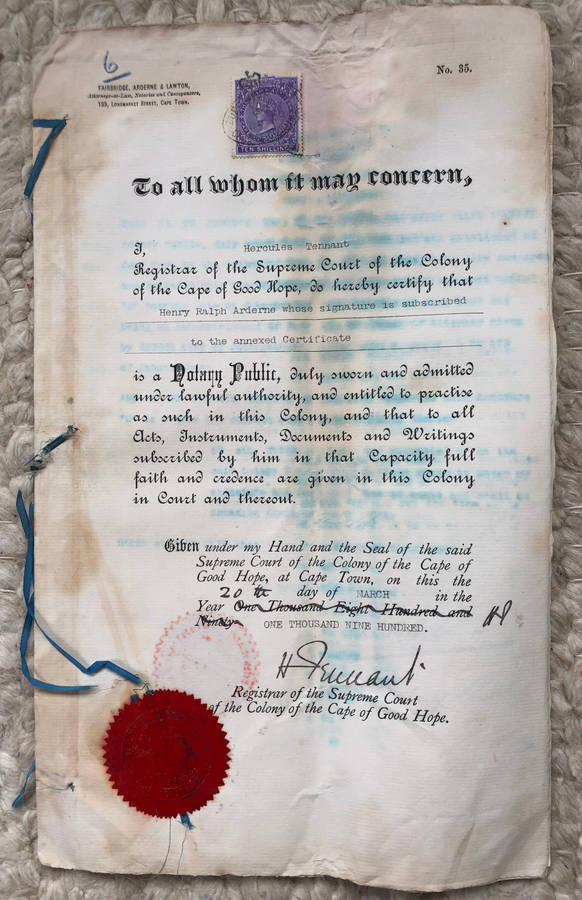 STAMP CAPE OF GOOD HOPE TEN SHILLINGS REVENUE 1900 ON GOLD CLAIMS DOCUMENT