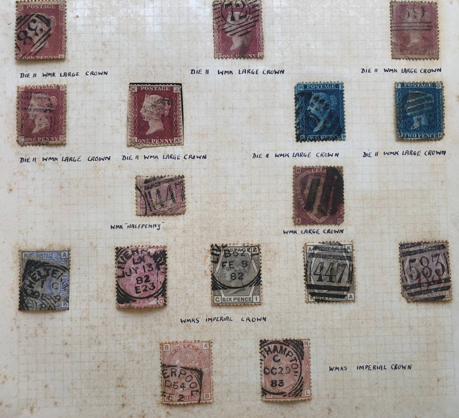 STAMPS PENNY BLACKS CIRCA 1860'S BRITAIN ON ORIGINAL ALBUM PAGE COLLECTION OF 16 STAMPS