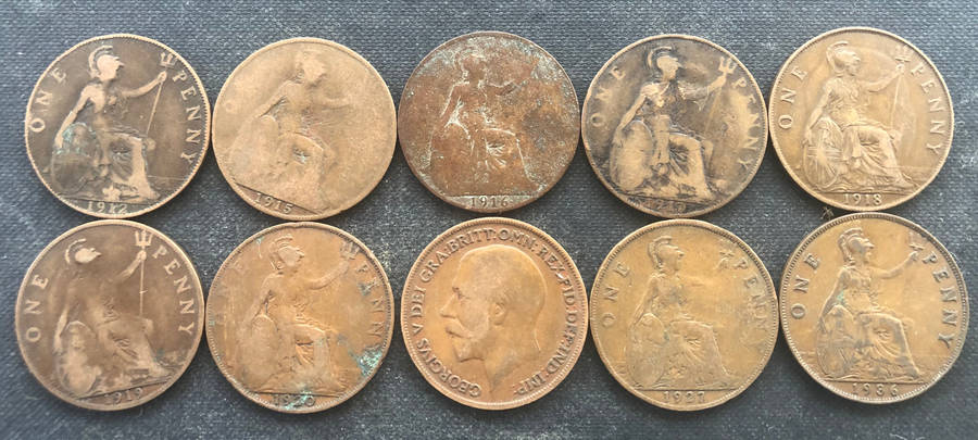 PENNY BRITISH 1912, 1915, 1916, 1917, 1918, 1919, 1920 x 2, 1927 & 1936 GEORGE V COLLECTION OF TEN