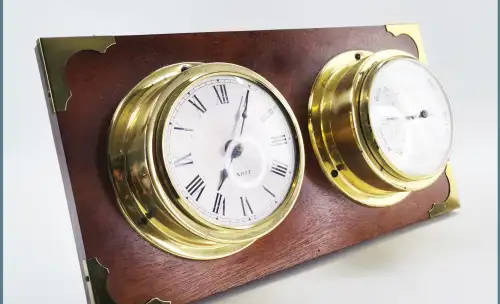 Brass and Wood Gauge Style Clock and Barometer Wall Plaque!!! 38cm Wide!!!