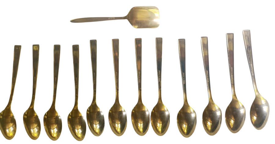 Vintage N.T.C. 23 Carat Gold Plated Tea Spoons-Set of 12 plus 1 x Sugar Spoon engraved England