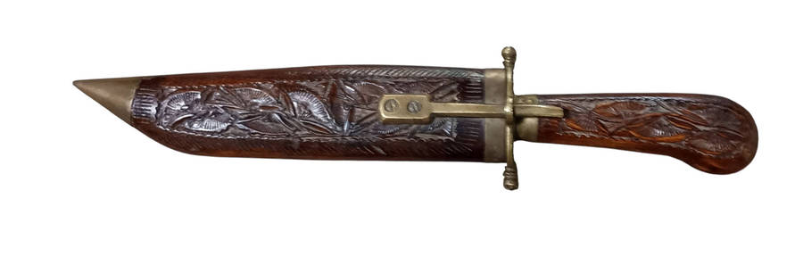 Vintage India Dagger Knive-wood and brass Hand carved handle and sheath-stamped India-L 30 cm