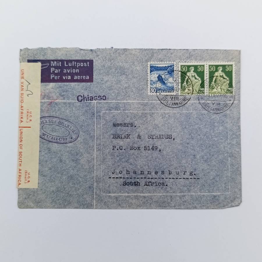 Airmail letter from Zurich Switzerland to Johannesburg South Africa - with censor sticker