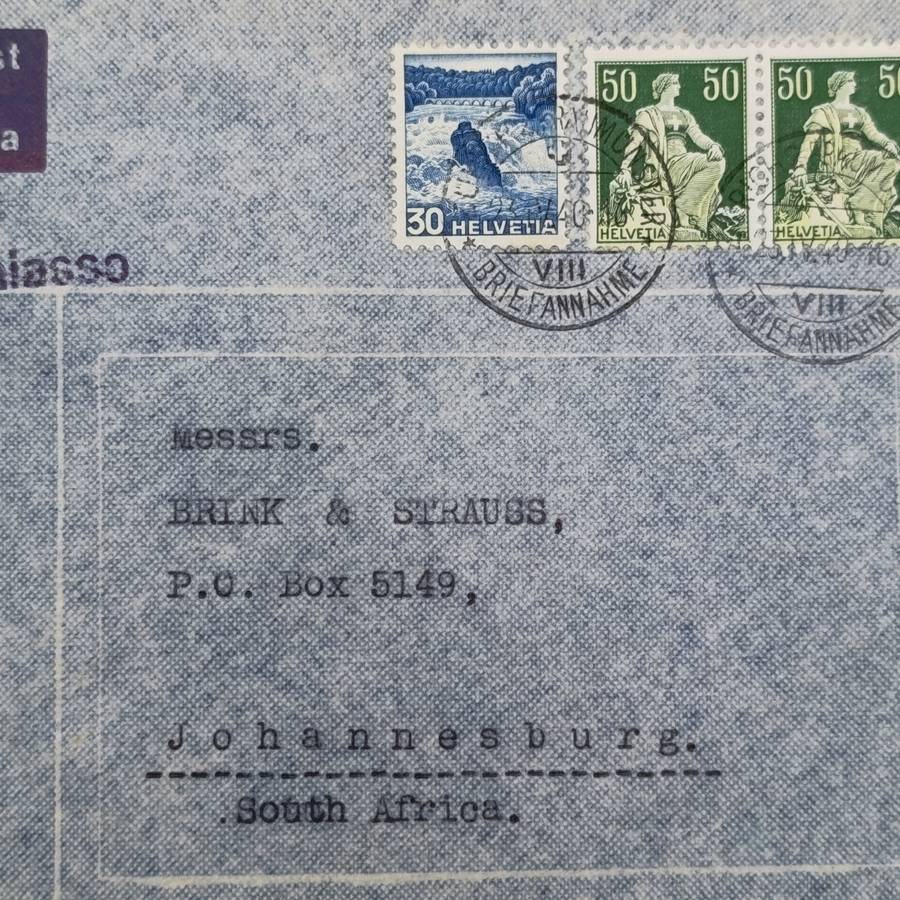Airmail letter from Zurich Switzerland to Johannesburg South Africa - with censor sticker