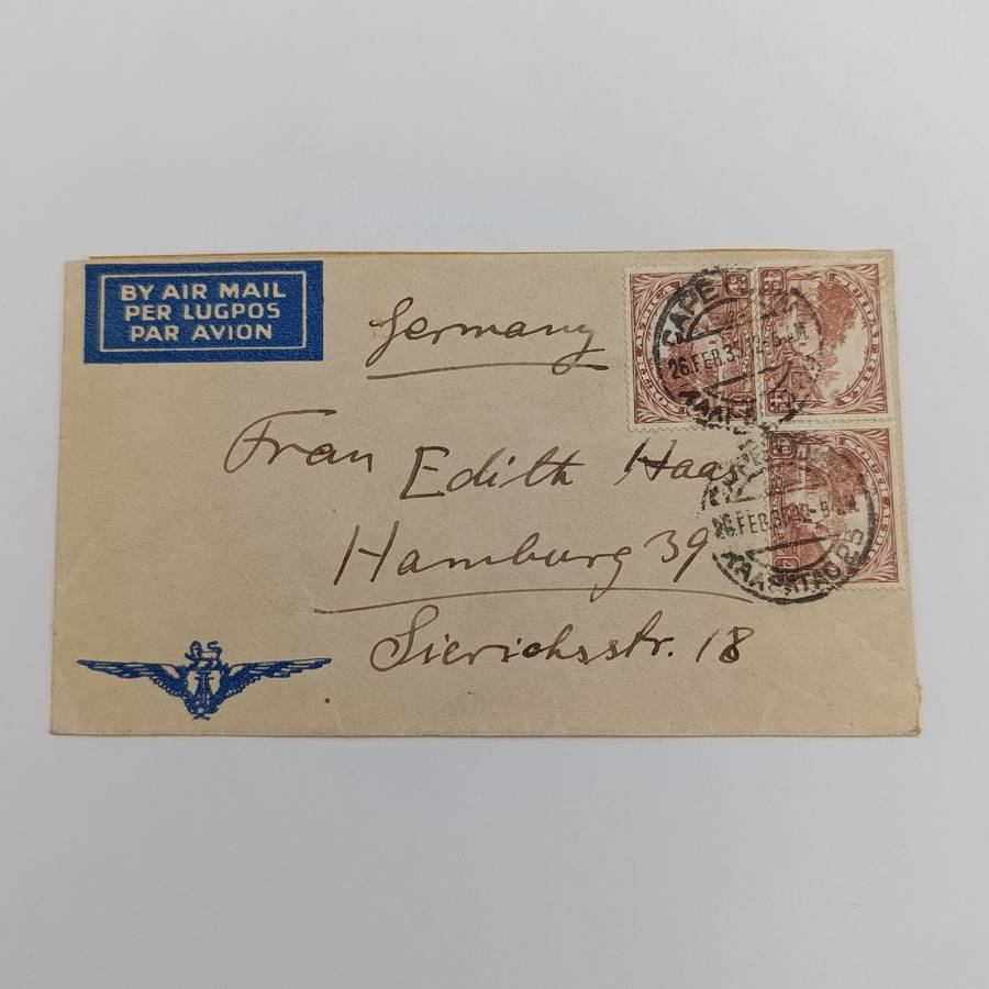 Air mail cover from Cape Town South Africa to Hamburg Germany 26 February 1935