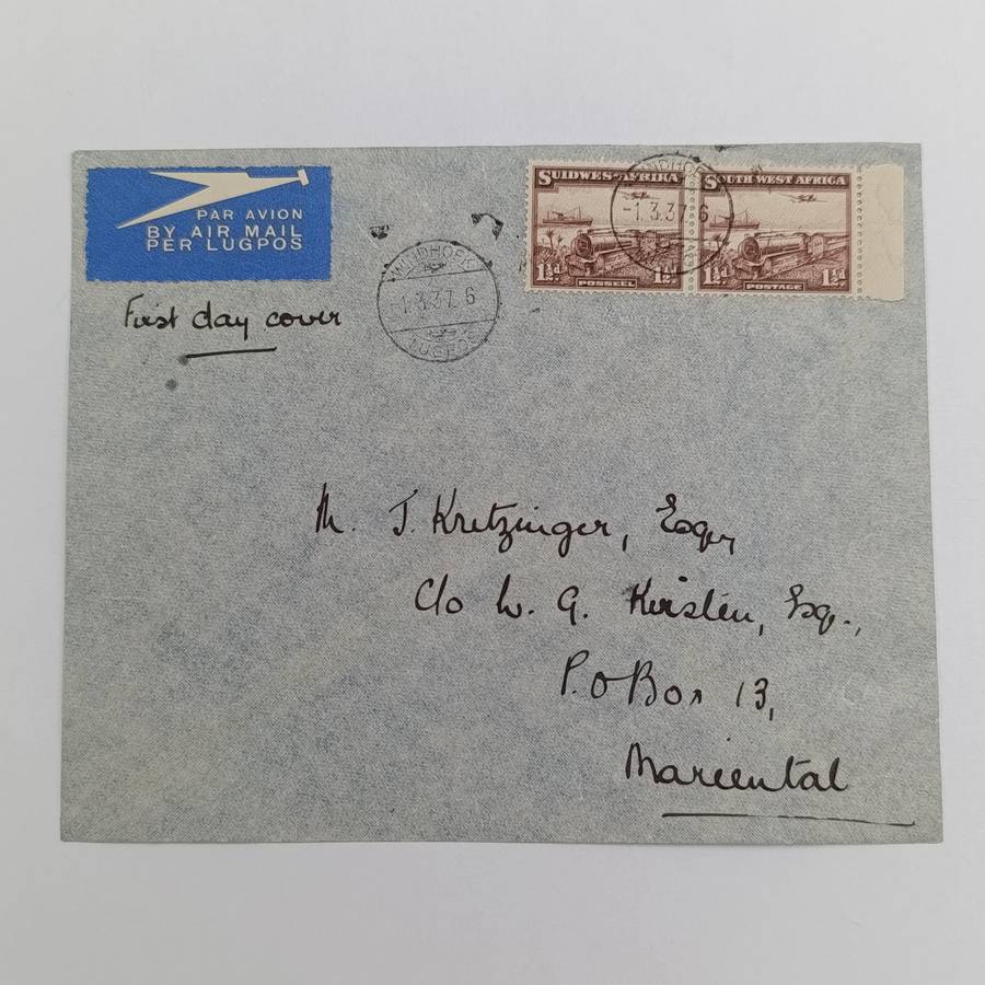 First Day cover Air mail Windhoek to Mariental posted 1 March 1937 and arrived 3 March 1937