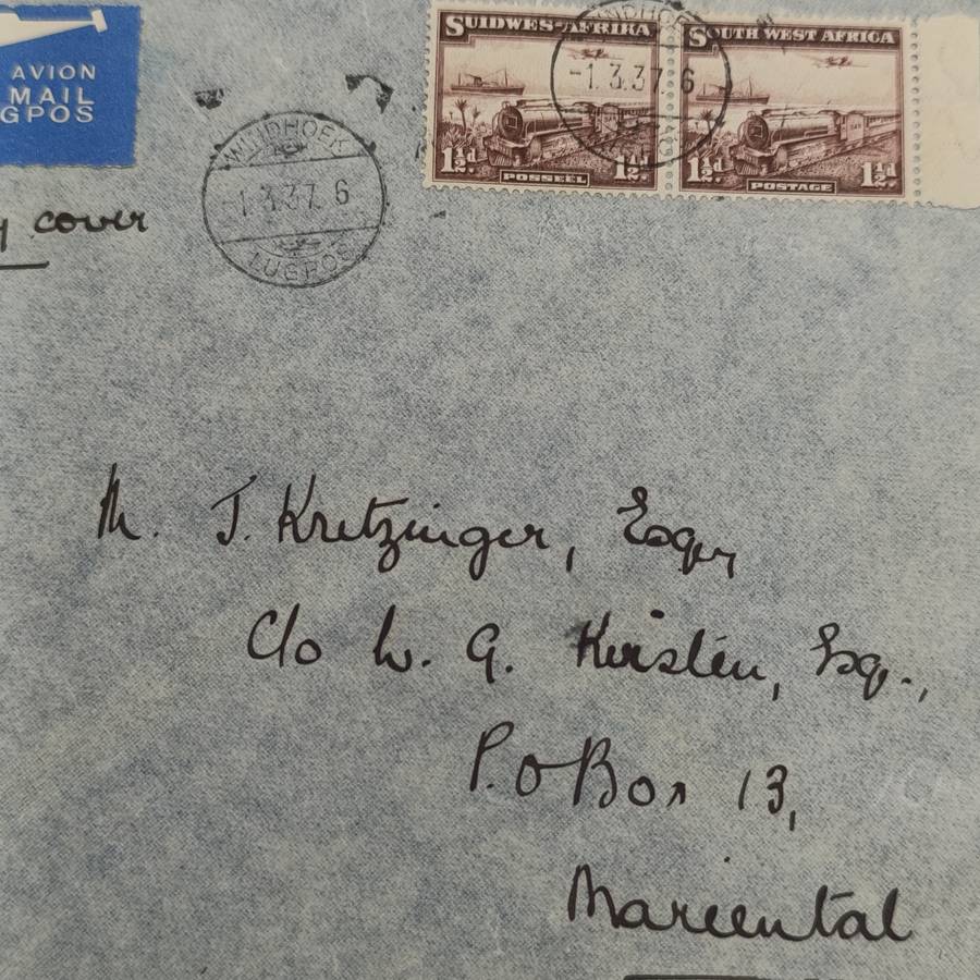 First Day cover Air mail Windhoek to Mariental posted 1 March 1937 and arrived 3 March 1937
