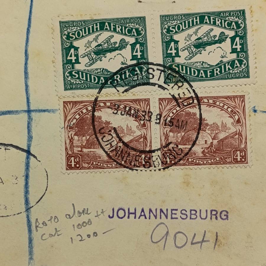 Registered airmail cover flown from Johannesburg to Durban 3 Jan 1933 with SACC 40 and SACC 47