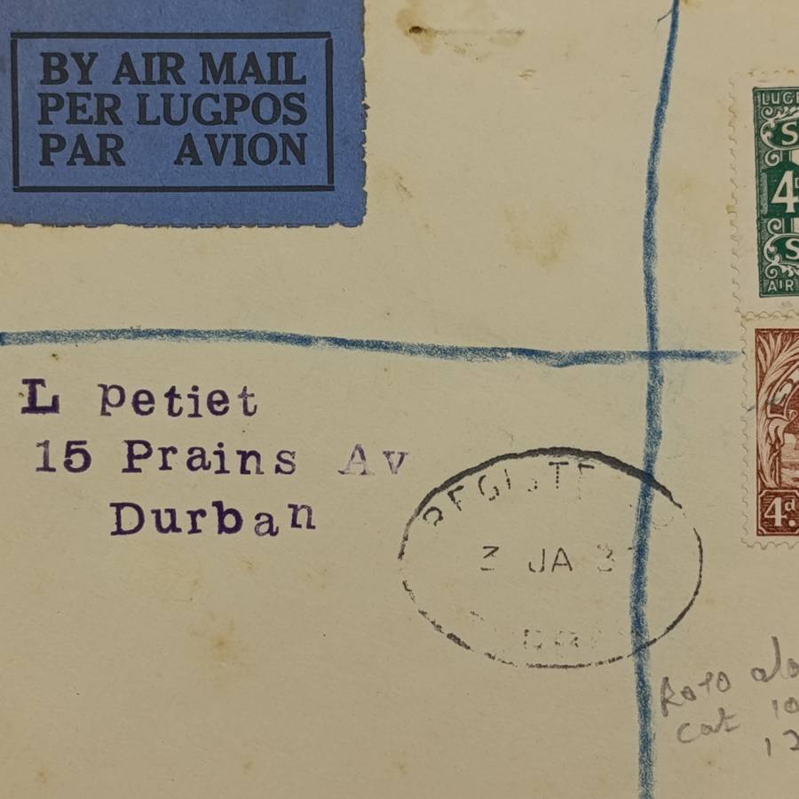 Registered airmail cover flown from Johannesburg to Durban 3 Jan 1933 with SACC 40 and SACC 47