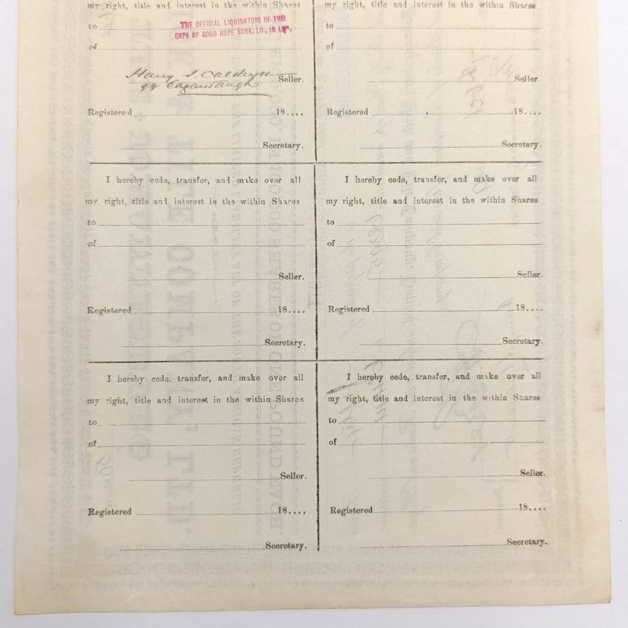 Share certificate dated 7th of October 1889 for The Johannesburg Brick and Tile Company
