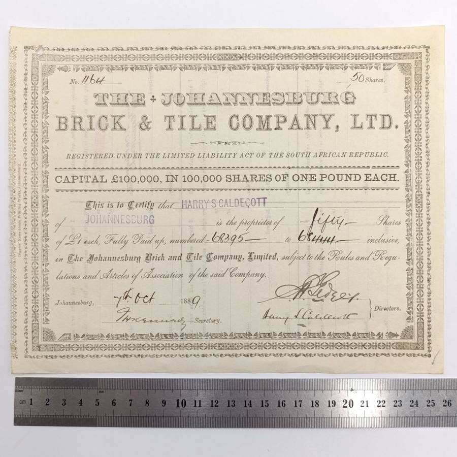 Share certificate dated 7th of October 1889 for The Johannesburg Brick and Tile Company