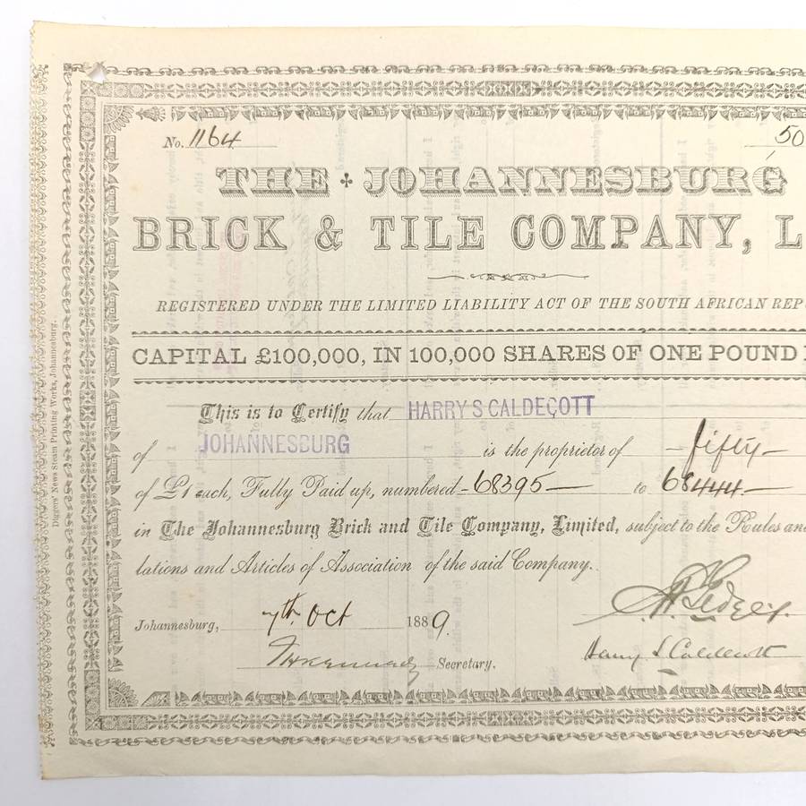 Share certificate dated 7th of October 1889 for The Johannesburg Brick and Tile Company
