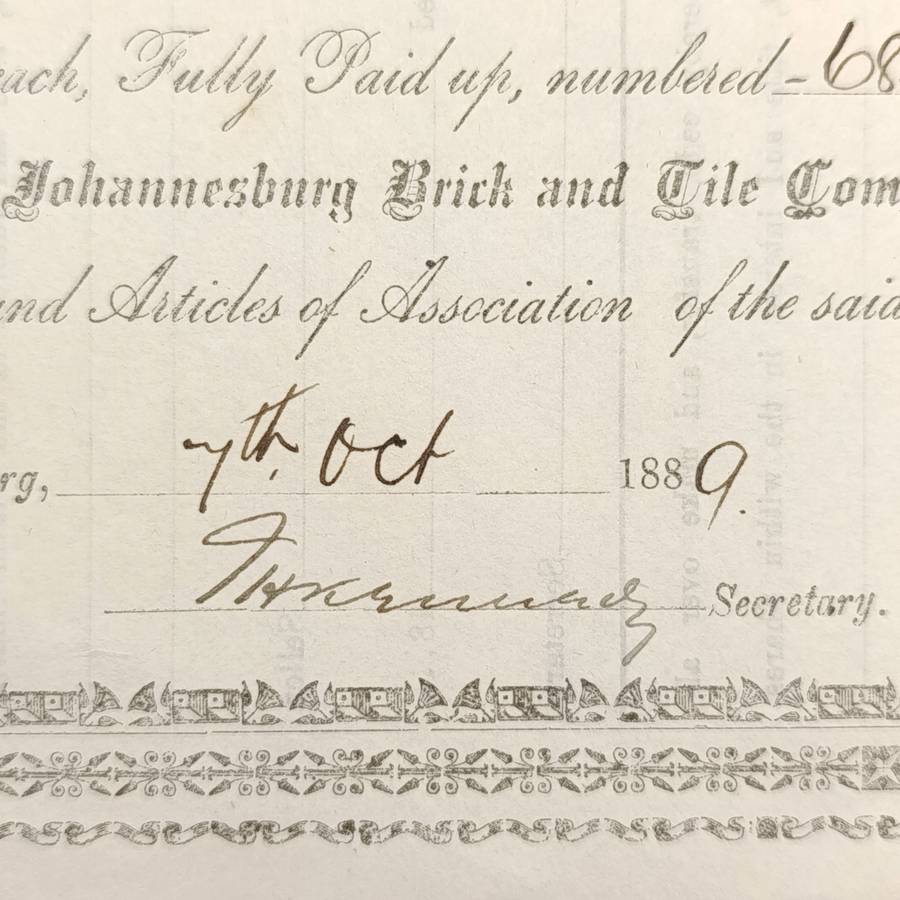 Share certificate dated 7th of October 1889 for The Johannesburg Brick and Tile Company