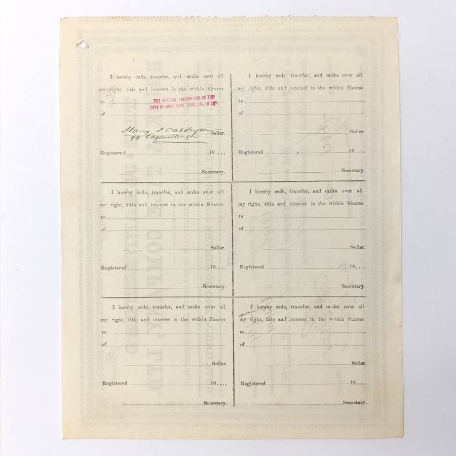 Share certificate dated 7th of October 1889 for The Johannesburg Brick and Tile Company