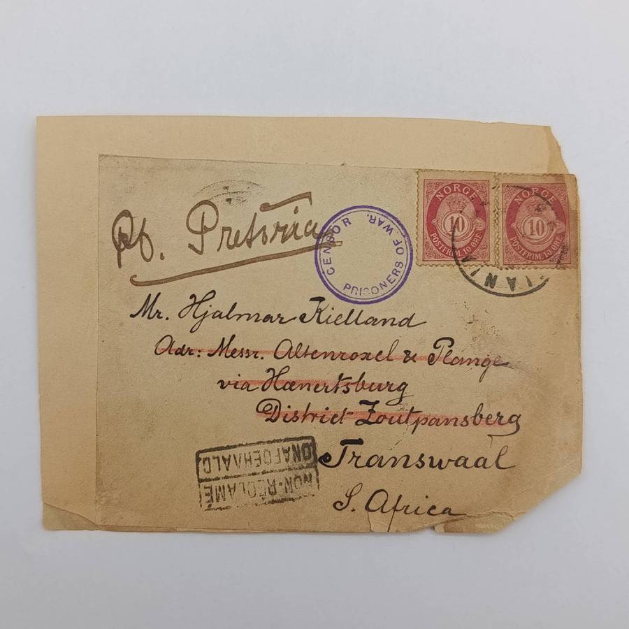 Boer War POW fronts stuck back to back one side posted Norway to Hjalmar Kielland, Zoutpansberg