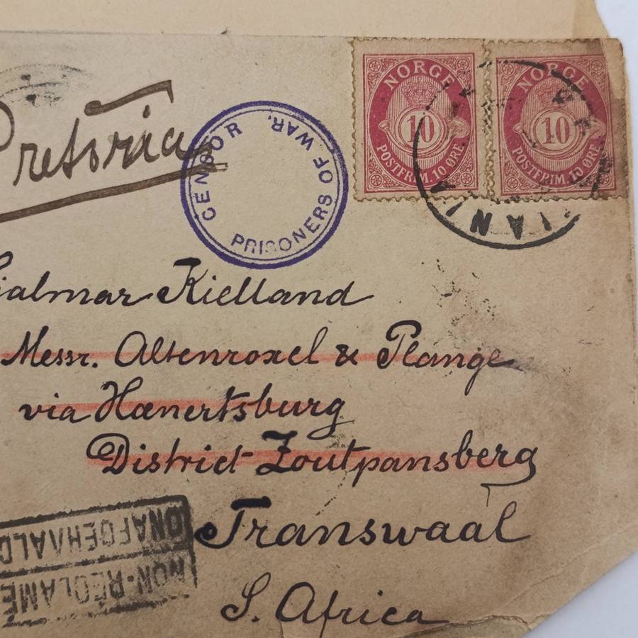 Boer War POW fronts stuck back to back one side posted Norway to Hjalmar Kielland, Zoutpansberg