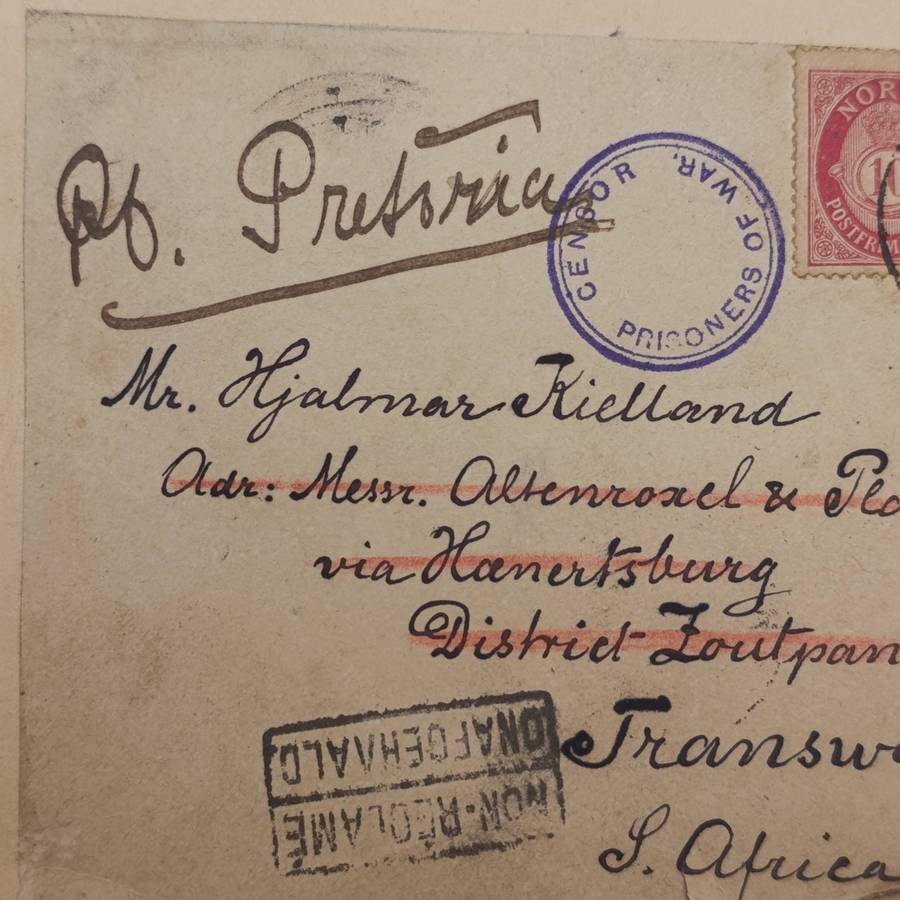Boer War POW fronts stuck back to back one side posted Norway to Hjalmar Kielland, Zoutpansberg