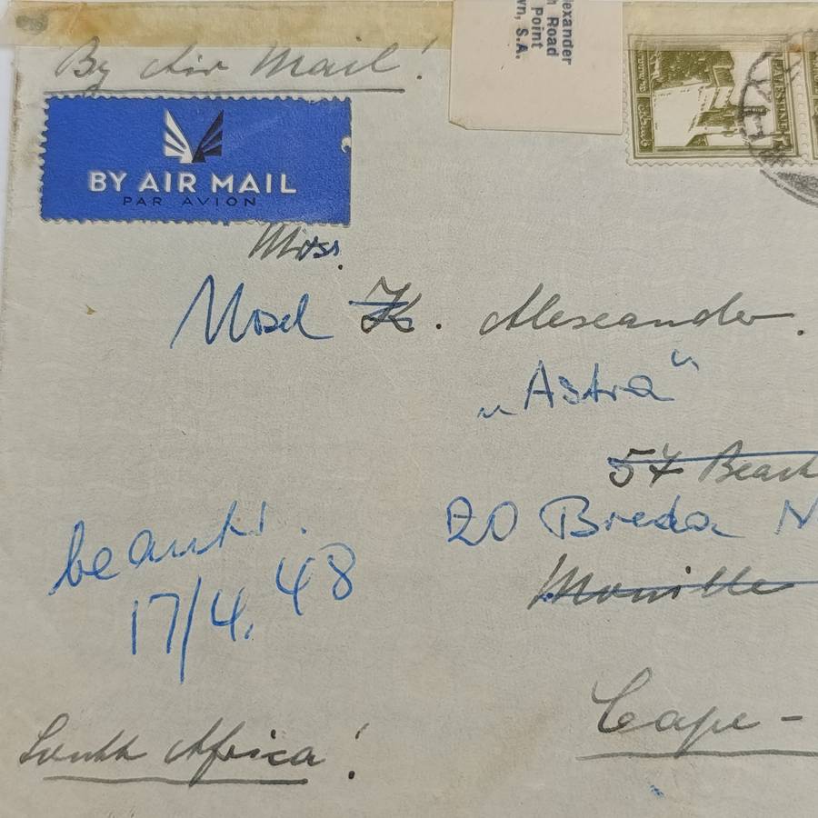 Palestine Air Mail cover to Cape Town with interesting re-sealed label on top