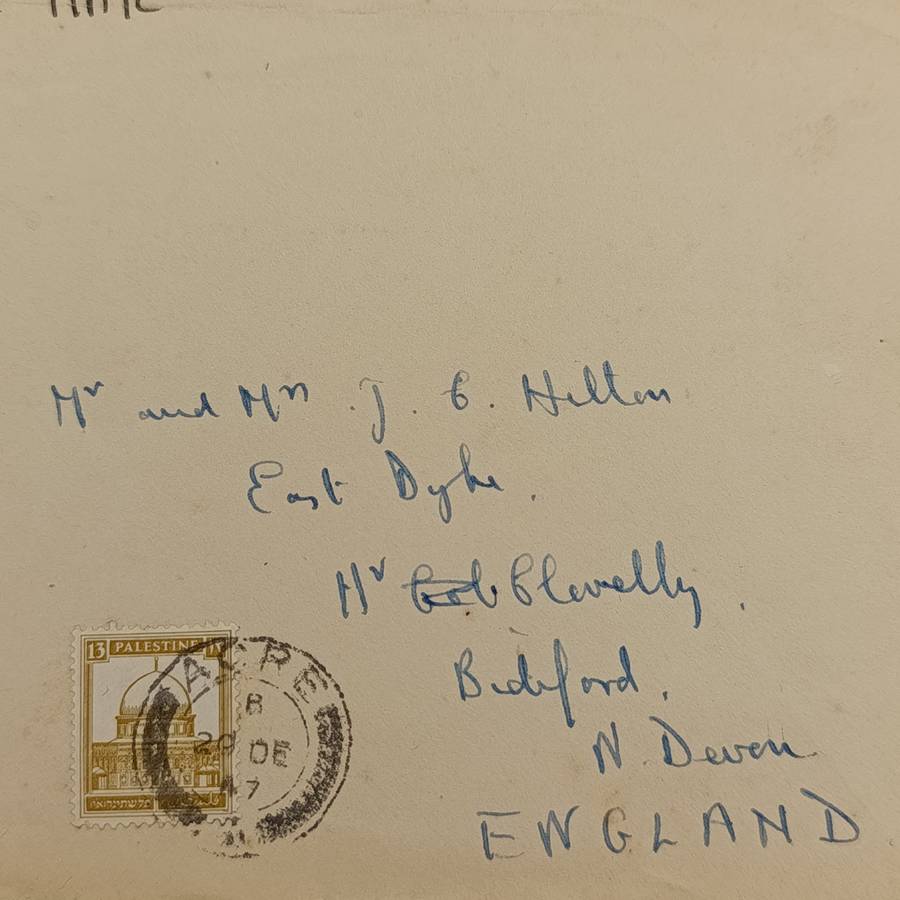 Airmail cover from Acre Israel to England with 13 Mils Palestine stamp - 20 December 1947