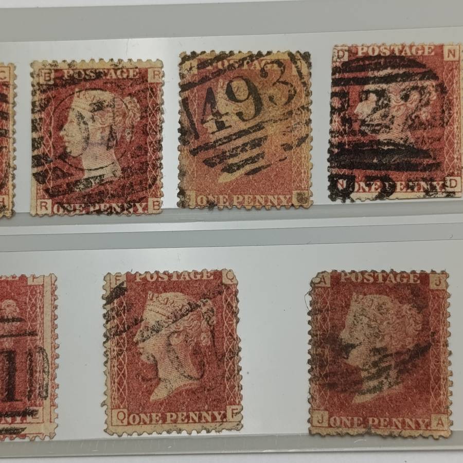 Lot of 9 penny red stamps circa 1858 - plate numbers included are: 90, 92, 102, 103, 108, 112