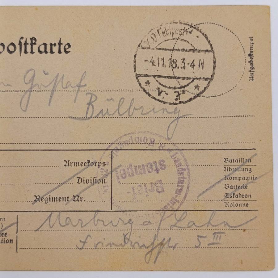 1918 WW1 Feldpostkarte sent by Paul Fischmann