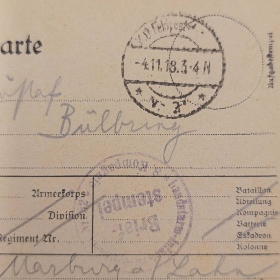 1918 WW1 Feldpostkarte sent by Paul Fischmann
