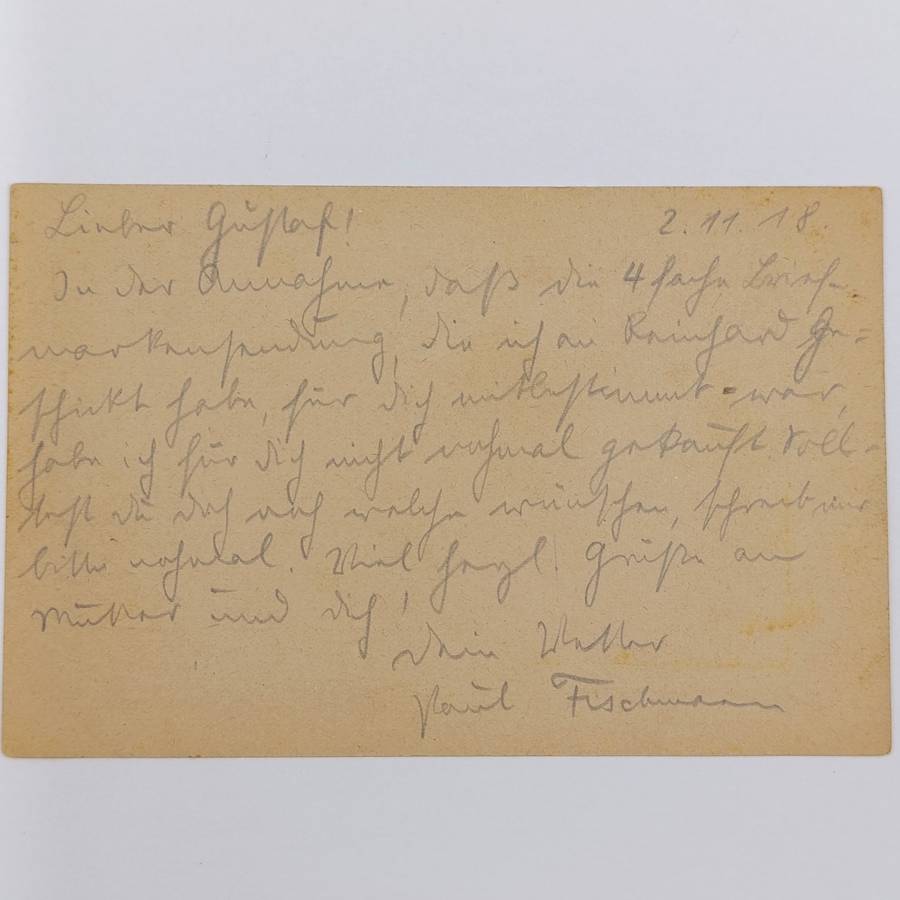 1918 WW1 Feldpostkarte sent by Paul Fischmann
