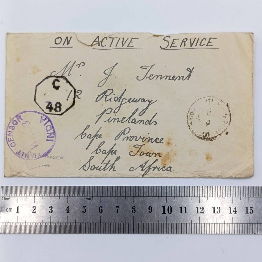 Dn Active Service Cover India to Cape Town, South Africa - WW2 period