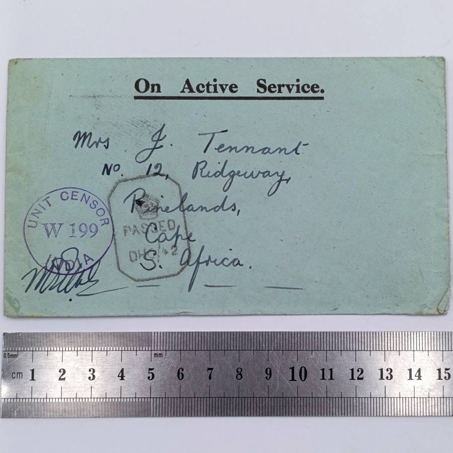 WW2 On Active Service cover to Pinelands, South Africa - with UNIT CENSOR W199 INDIA Rubber stamp