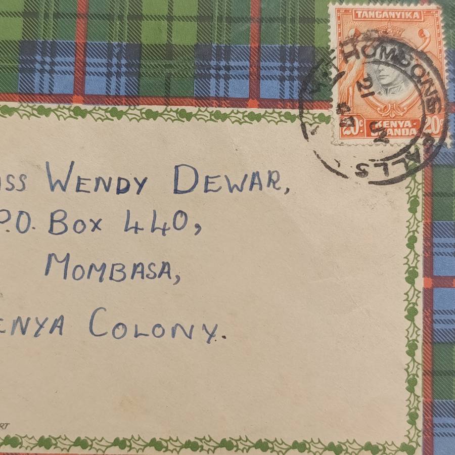 Postal cover 1947 Thompson's Falls to Mombasa Kenya on Scottish tartan cover