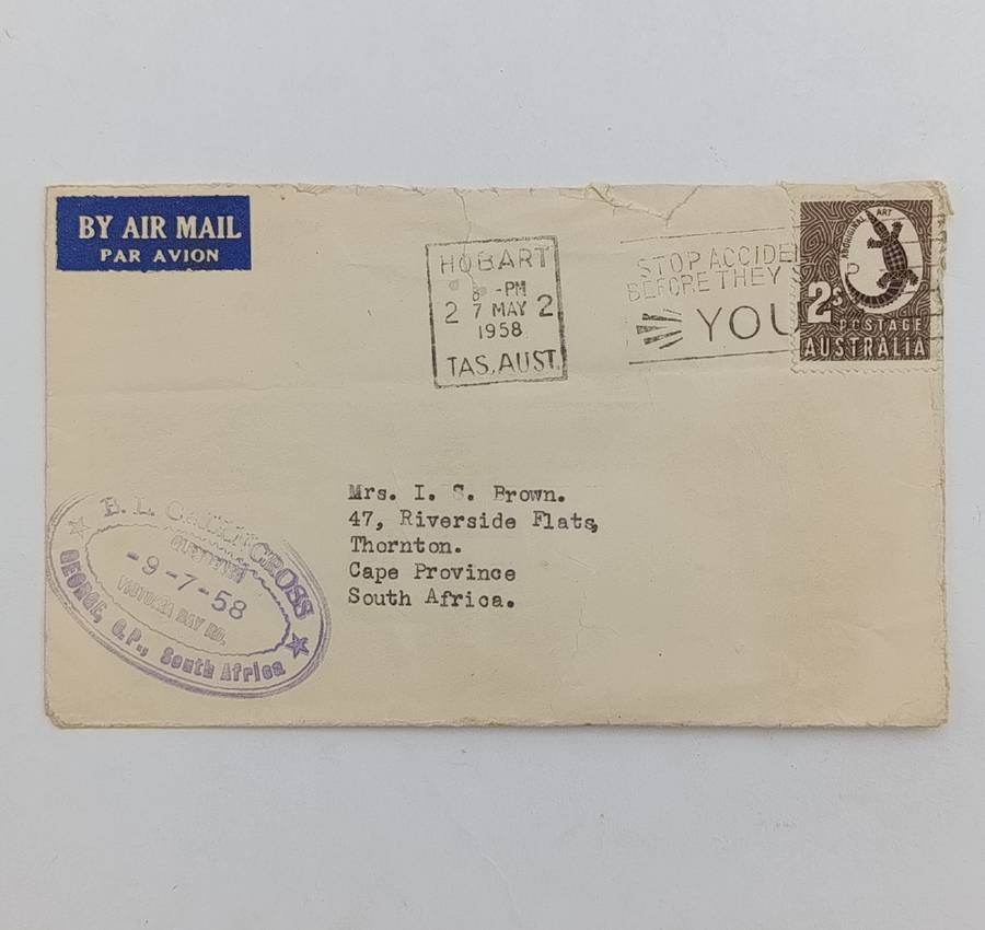 Postal History 1958 letter from Hobart, Australia to Thornton