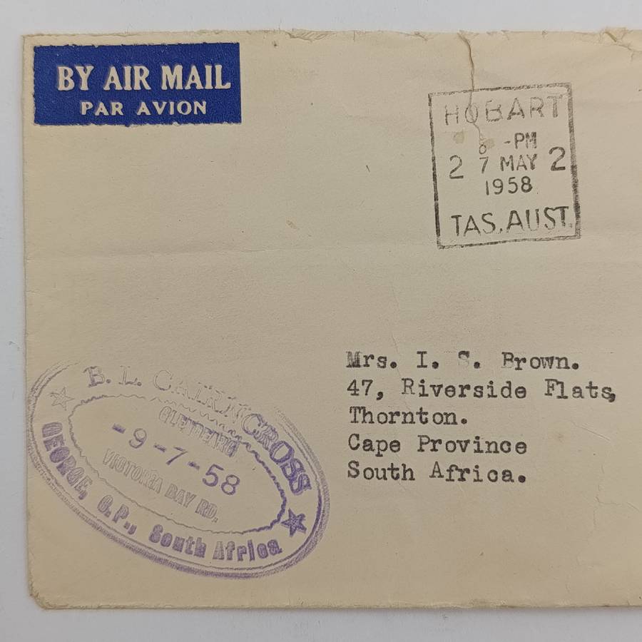 Postal History 1958 letter from Hobart, Australia to Thornton