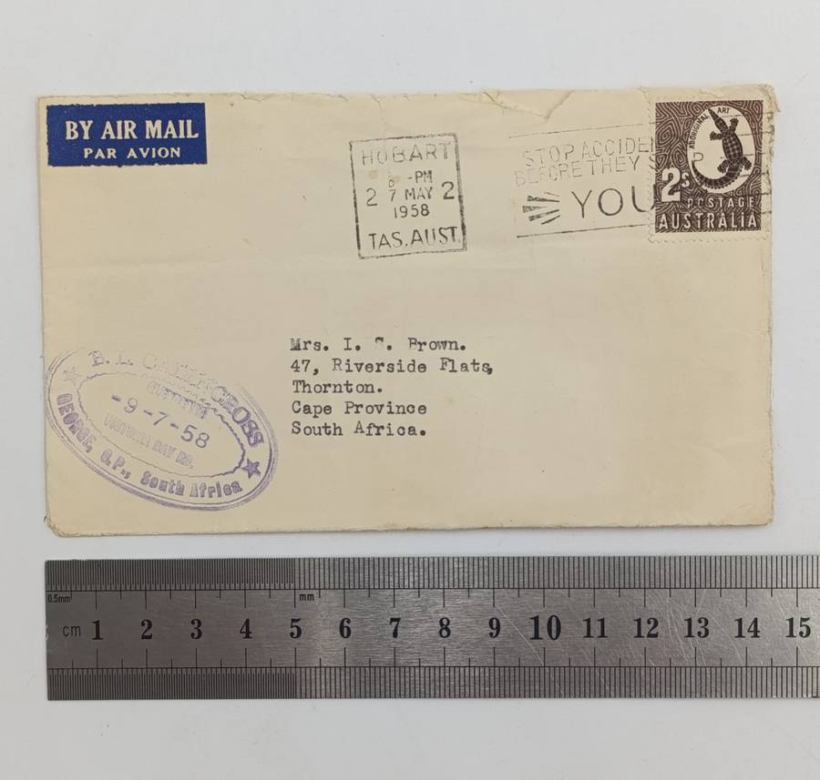 Postal History 1958 letter from Hobart, Australia to Thornton